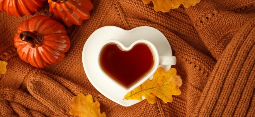 Autumn,Still,Life.,Oak,Leaves,,Heart,Cup,On,Knitted,Scarf