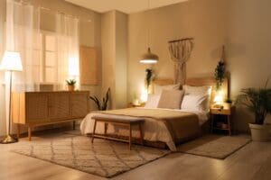 Interior,Of,Bedroom,With,Modern,Furniture,And,Glowing,Lamps,At